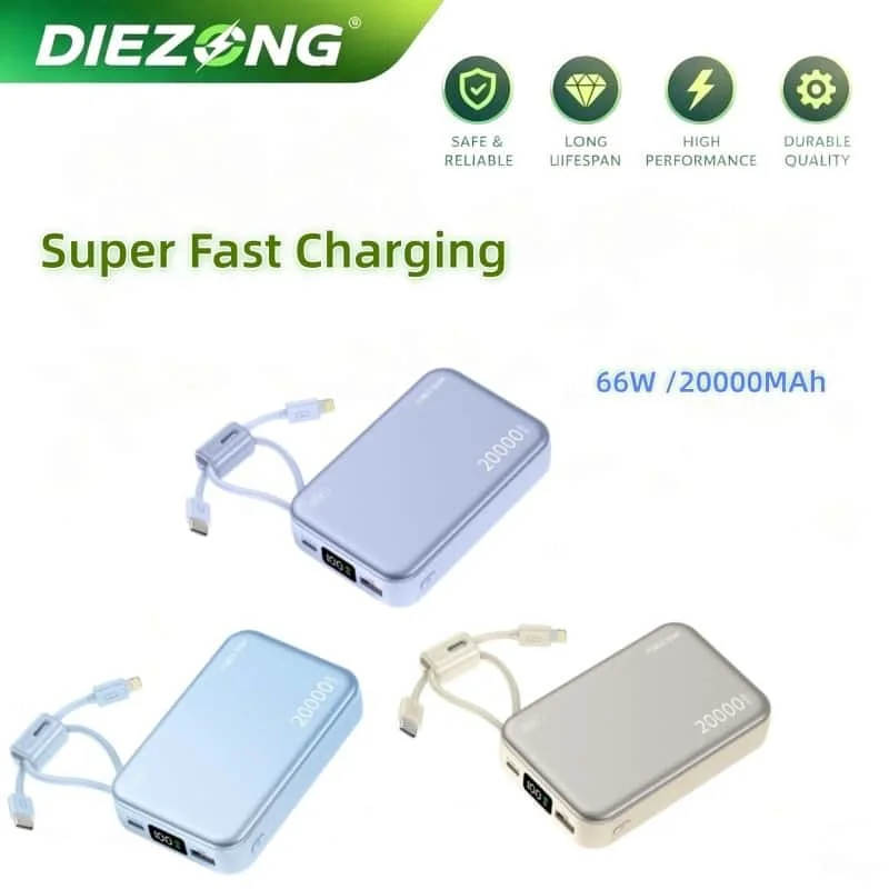 Hot 20000mAh Power Bank 66W Fast Charging Built in Cables Powerbank for IPhone Xiaomi Huawei Samsung External Spare Battery
