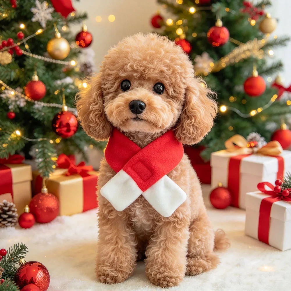 2 pcs Holiday Pet Scarf with White Cuff, Cute Christmas Costume for Small Dogs and Cats