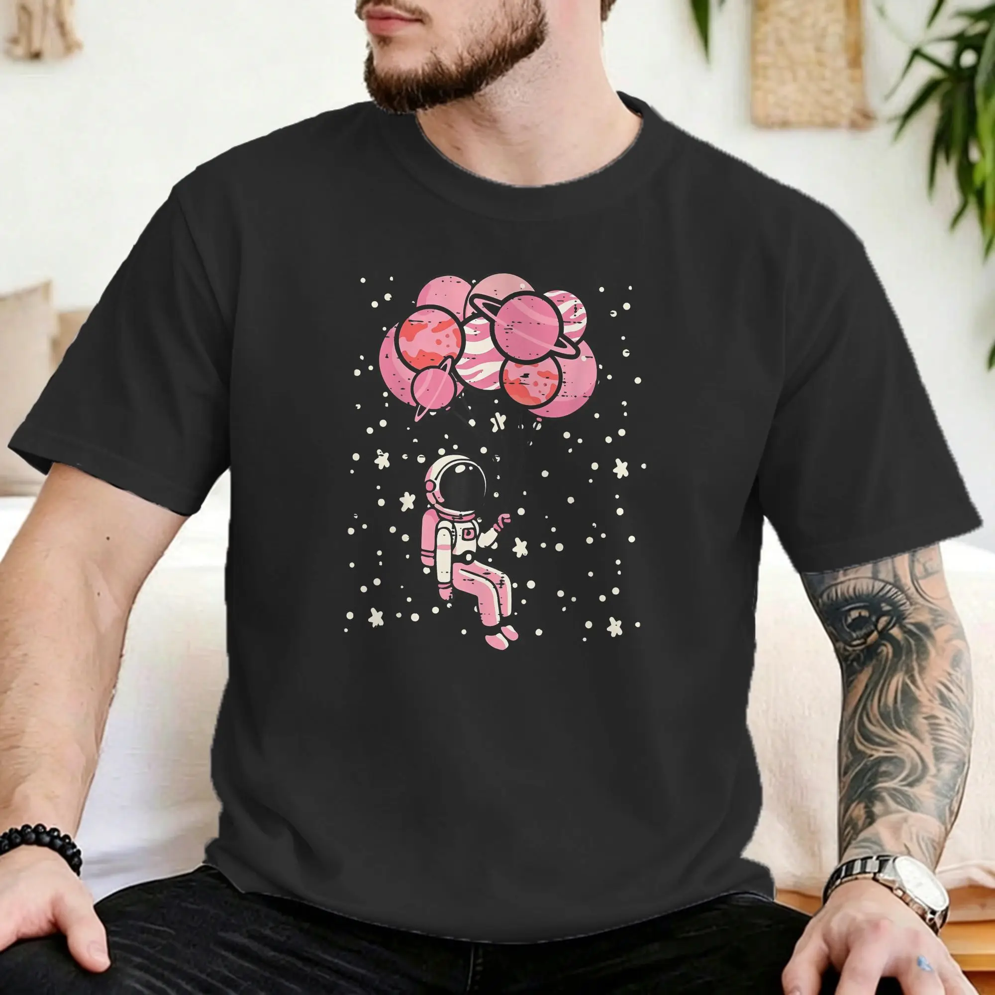Camiseta masculina e feminina, astronauta, balão, planetas, espaço, galáxia, camisetas engraçadas de algodão, manga curta, gola redonda, roupas plus s