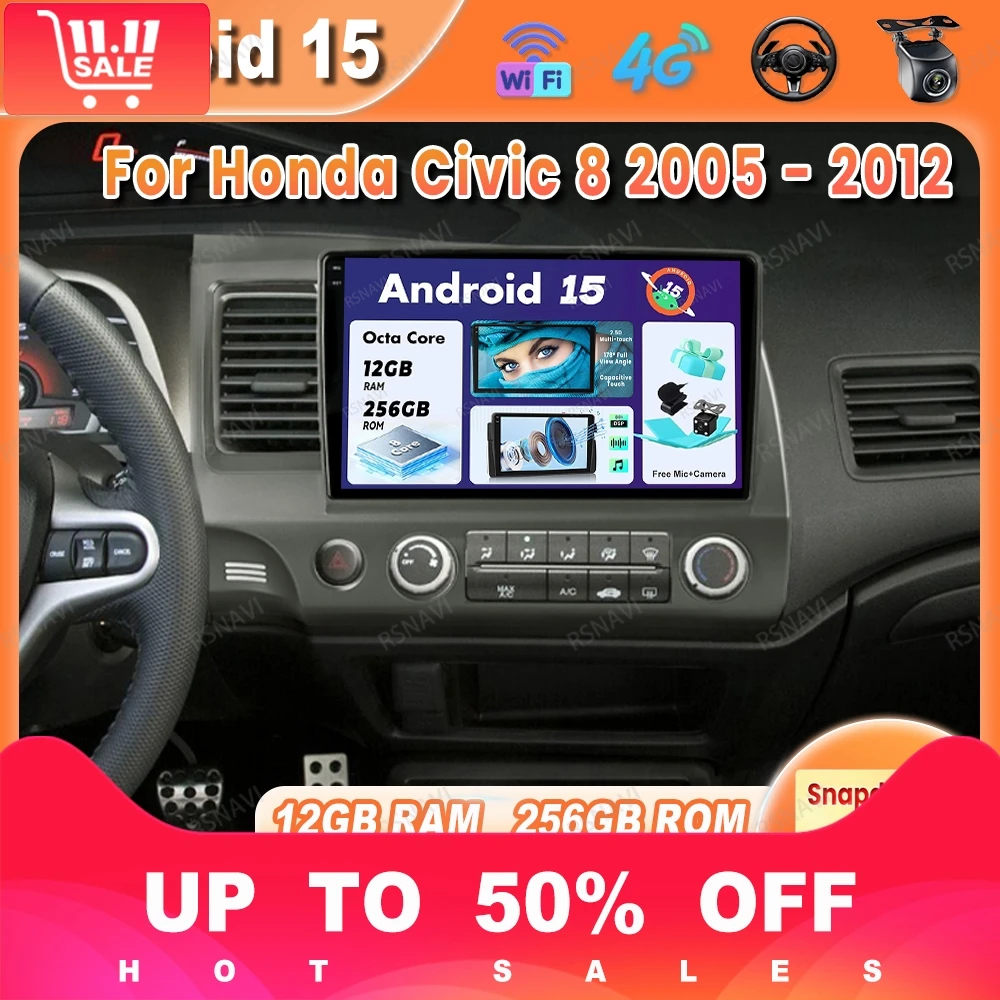 

Car Radio Android 15 For Honda Civic 8 2005 - 2012 Navigation Multimedia DVD DSP Wireless Carplay Auto 5G WIFI Stereo QLED BT