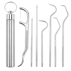 7 Pcs/box Stainless Steel Toothpick Set Washable Reusable Dental Floss Tartar Removal Tools Portable Teeth Cleaner Tool Kit