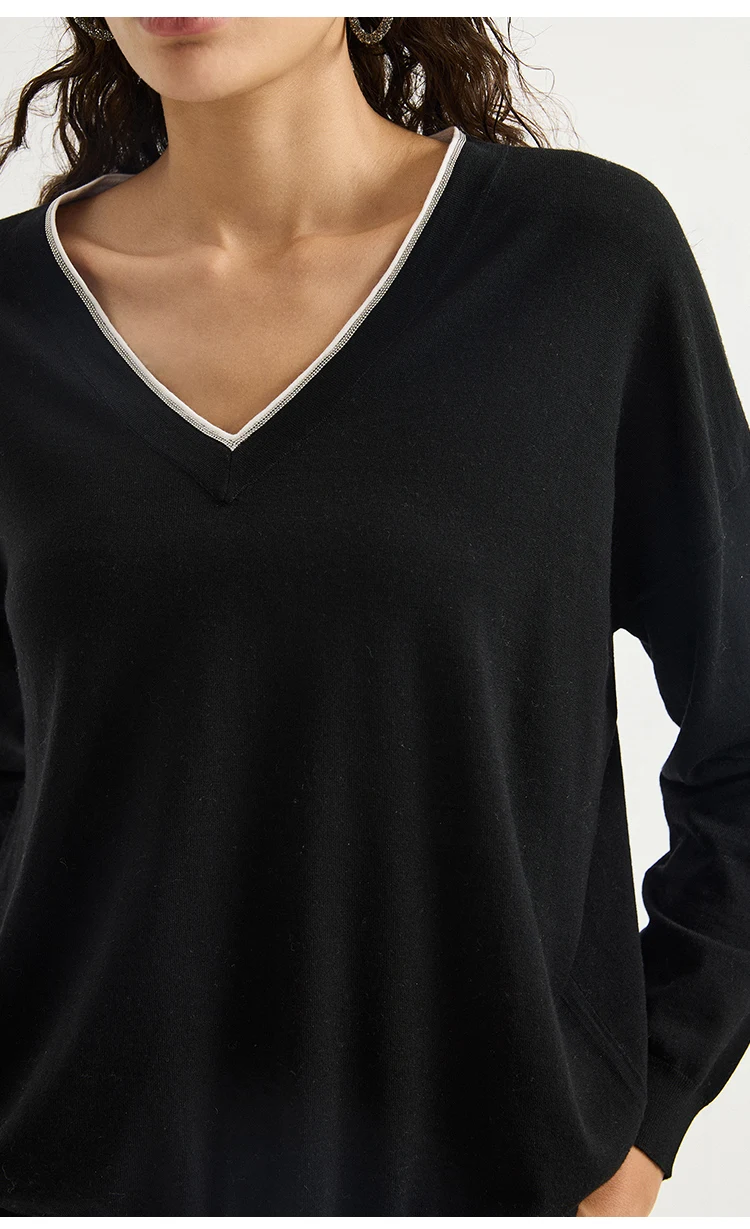 BD3621781 Damen 100% Wolle Oversized V-Ausschnitt Pullover Langarm Kontrastbesatz V-Form Kette Zweifarbig Entspannter Luxus Herbst – Detail 9