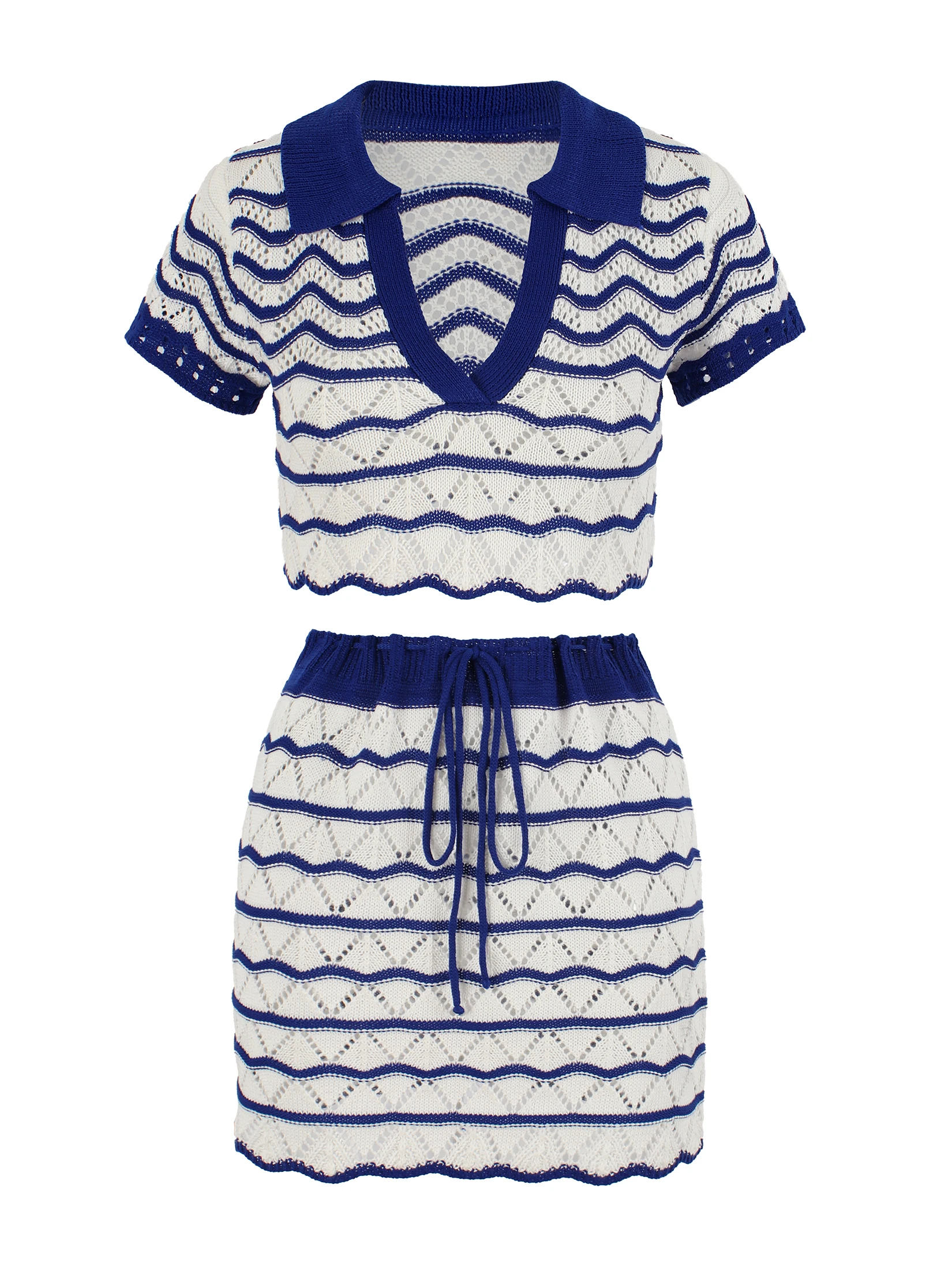 

Sexy White Knit Set Cut Out Lapel V Neck Short Sleeve Top Lace-up Mini Half Skirt Two-piece 2025 Women's Cover Up Suit K173
