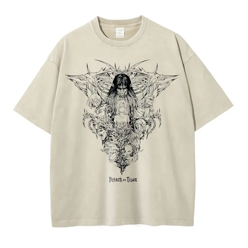 Eren Jaeger T-shirts Vintage Washed Anime T-Titan A-Attack T Shirt Manga Shingeki no Kyojin Levi Mikasa Short Sleeve Tops Tees