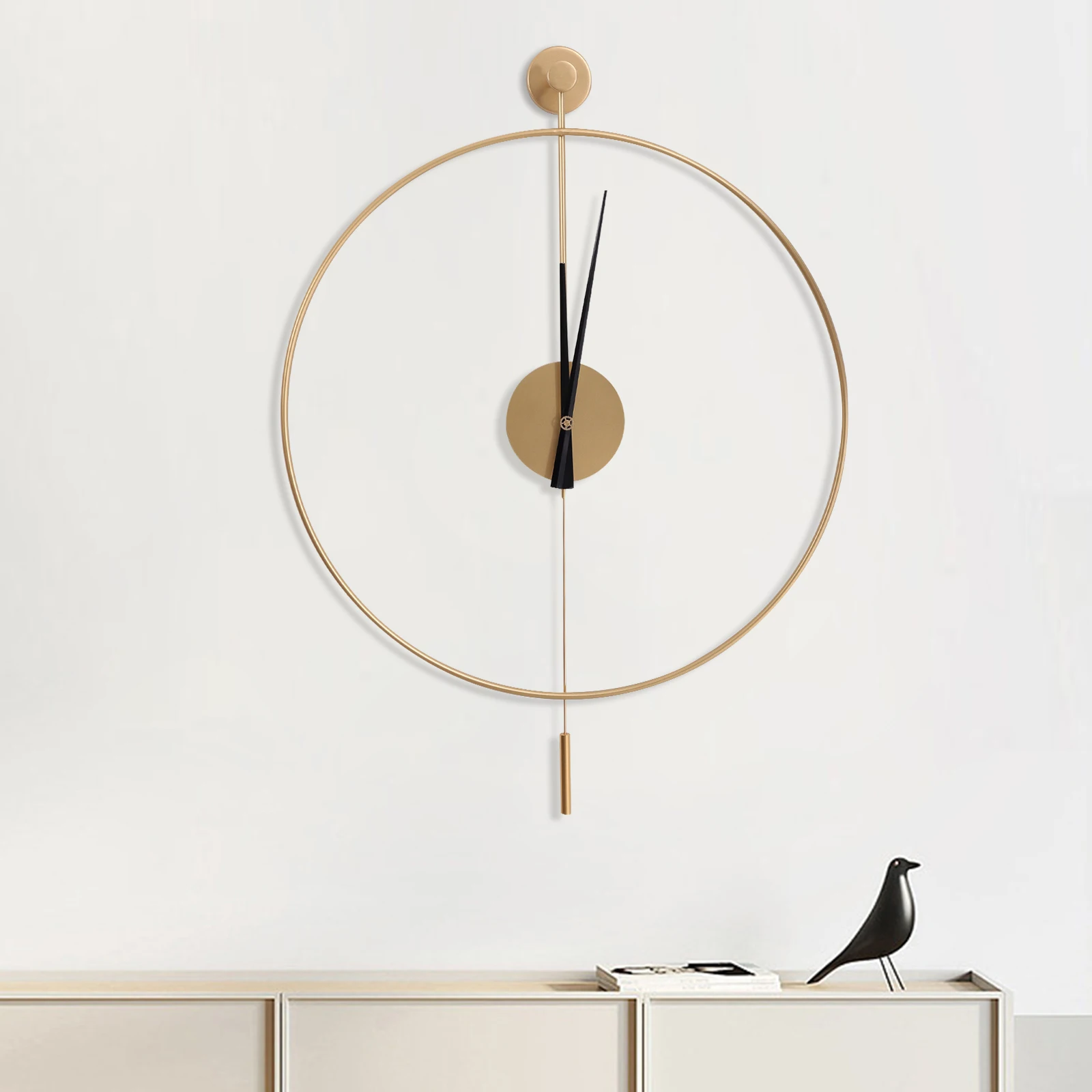 

60cm Decorative Wall Clock with Pendulum,Black/Gold Round Silent Metal Wall Clocks for Living Room,Bedroom
