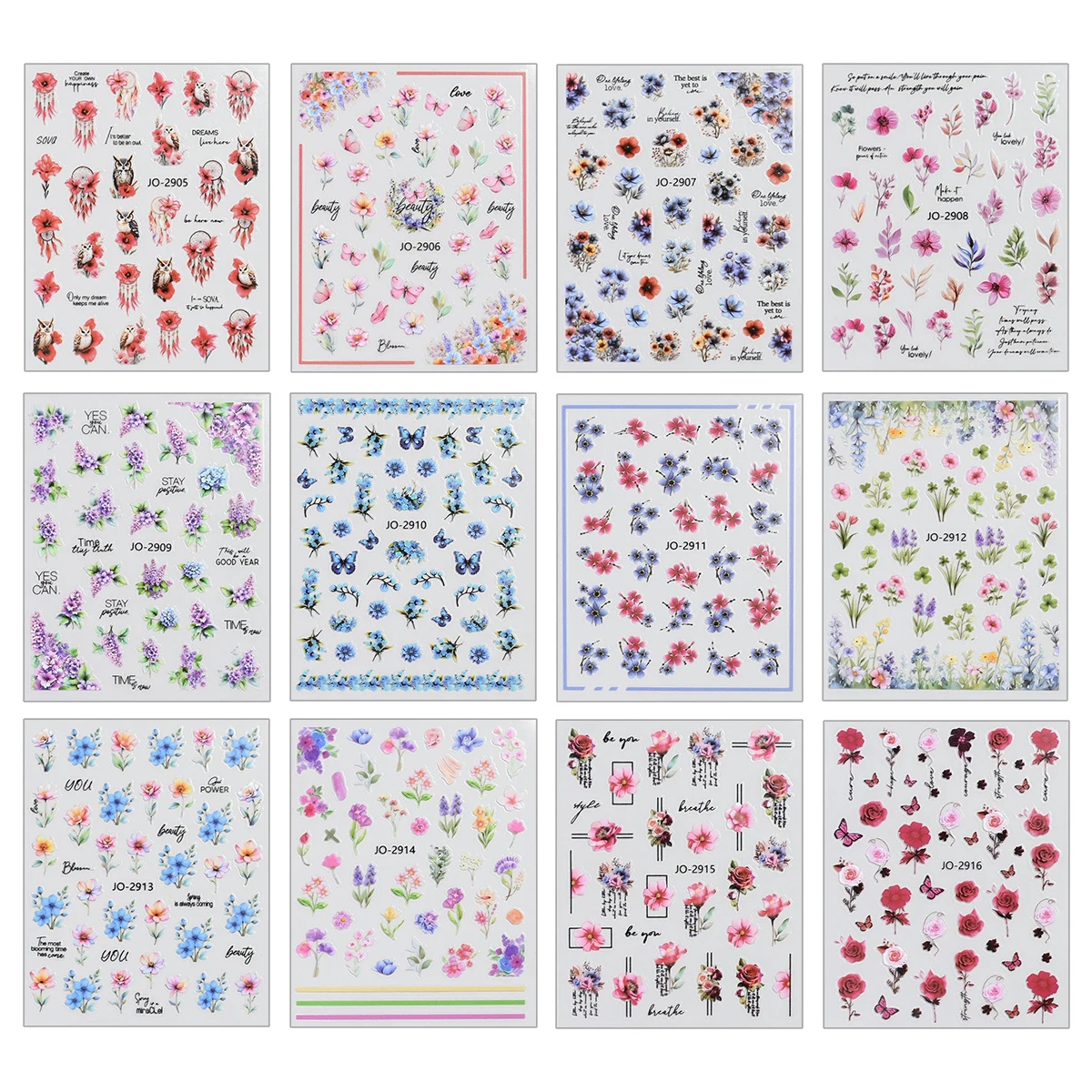 3/6/12/18/24/60 Sheets 3D Flower Nail Stickers Floral Butterfly Rose Lavender Wildflower Self-Adhesive Nail Art Decals