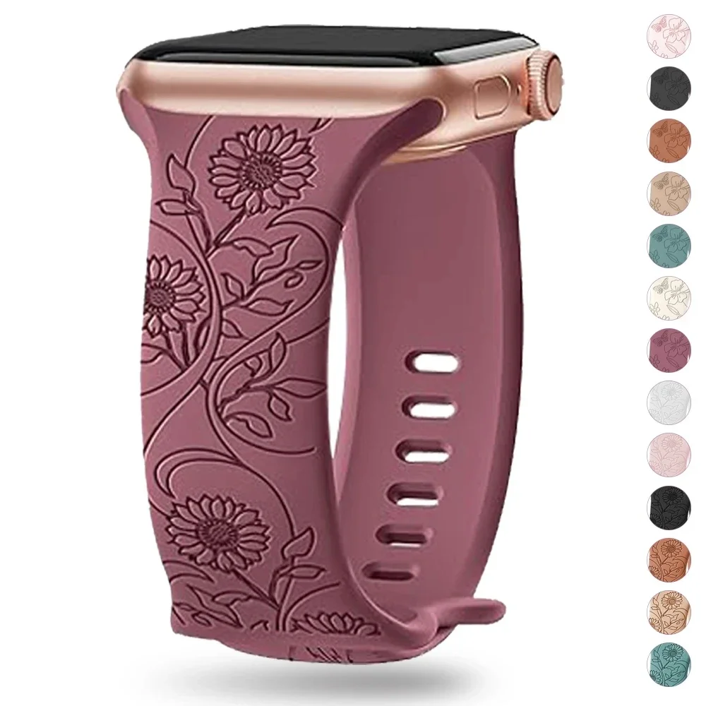 Strap For Apple Watch Band 44mm 42mm 41mm 40mm 45mm 49mm 44 Mm Floral Engraved Bracelet Correa Iwatch Series 9 7 SE 6 8 Ultra 2