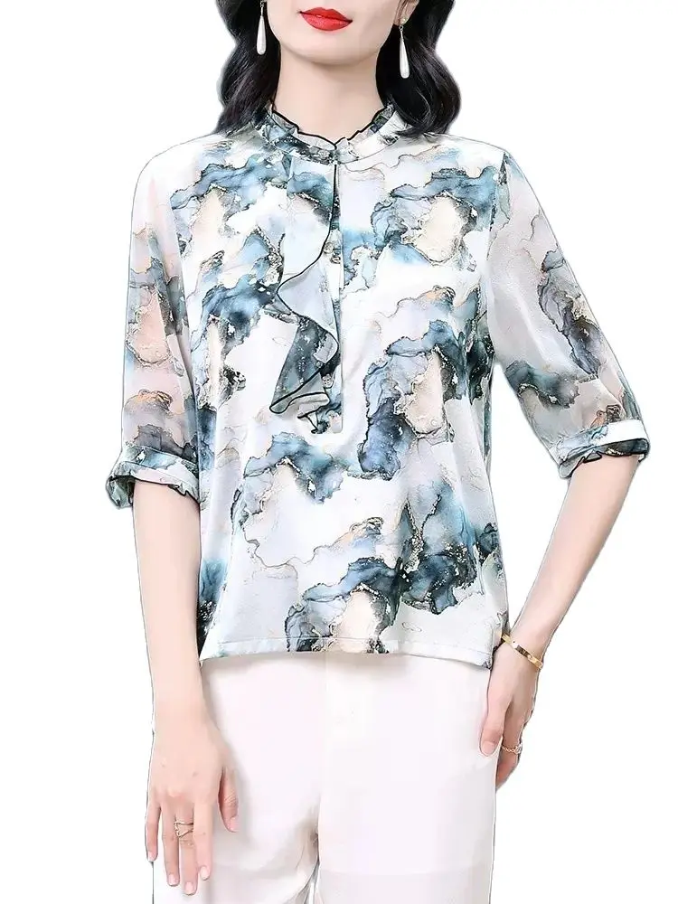 BirdTree 91.8%Real Silk Elegant Shirt For Women, Half Sleeve Stand Printed, Fashion Temperament Blouse, 2024 Spring New T42307QC