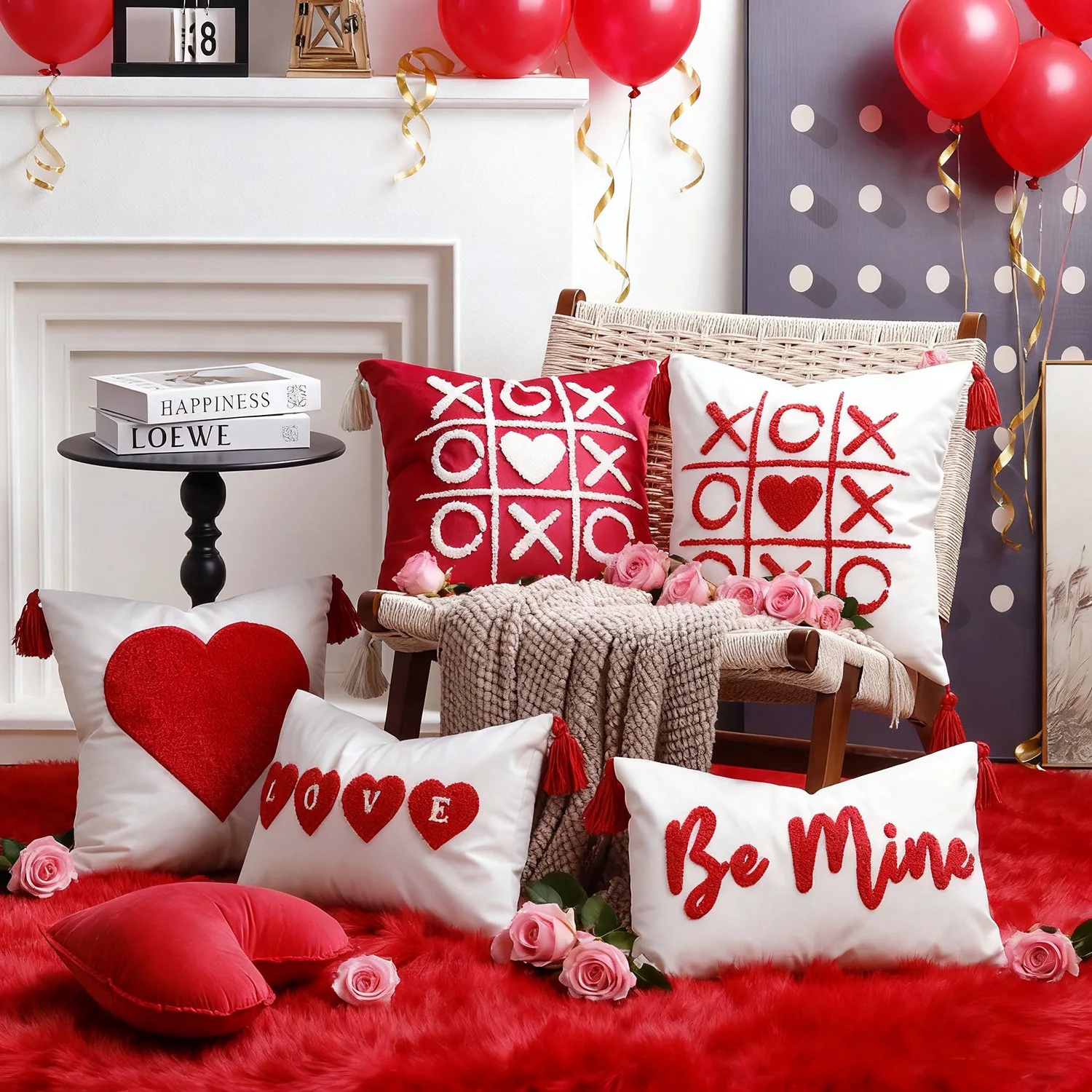 Red and White Couple Towel Embroidered Cushion Cover Velvet Embroidered Valentine's Day Sofa Pillowcase Cojines 30x50/45x45cm