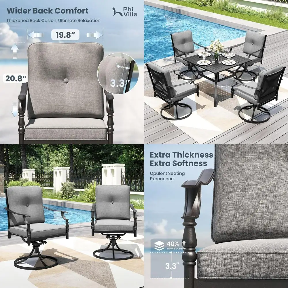 

Outdoor Steel Swivel Dining Chairs Set o 2, Heavy-Duty Rustproo Black Wrought Iron Armchairs with Thick Cushions, Large Seating