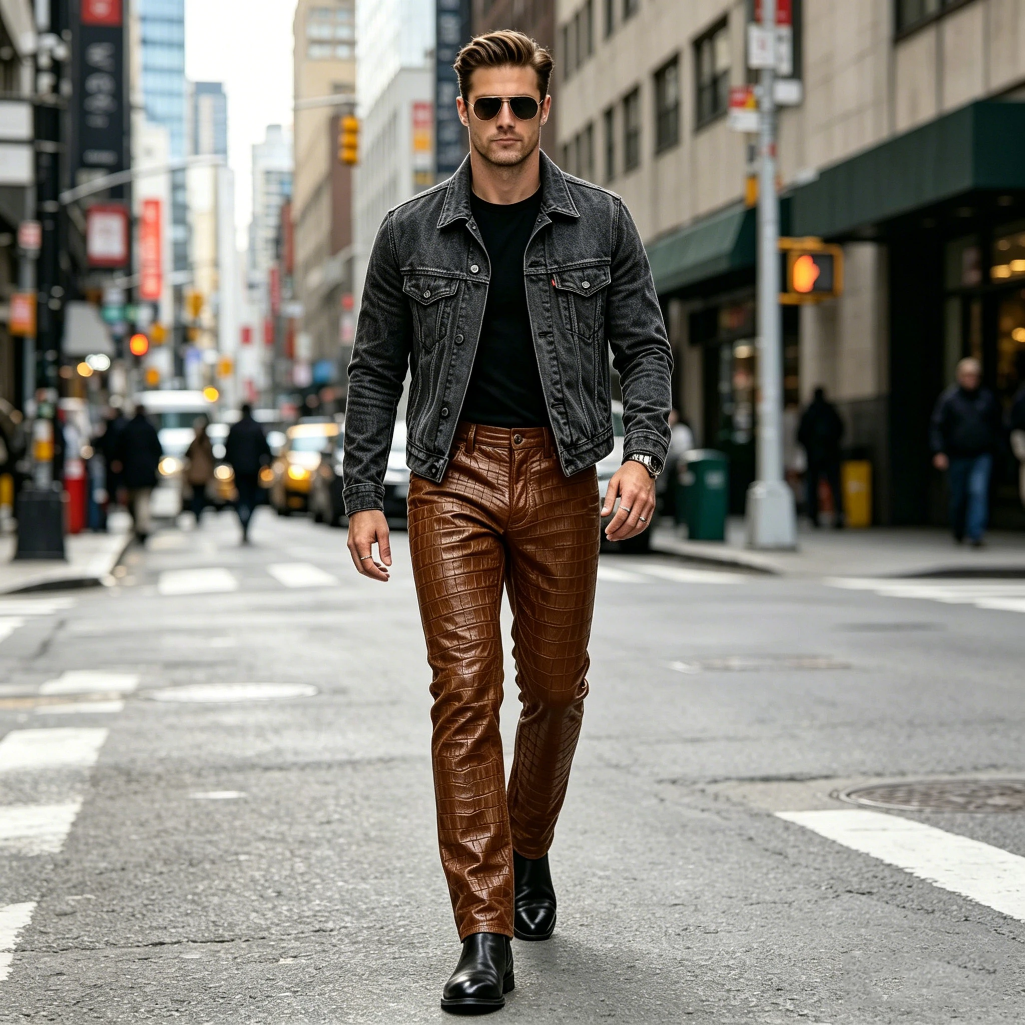 Men's Crocodile Embossed Leather Pants Slim Fit High Waist Pleated Straight Leg Casual Trousers For Daily  Streetwear Clubwear
