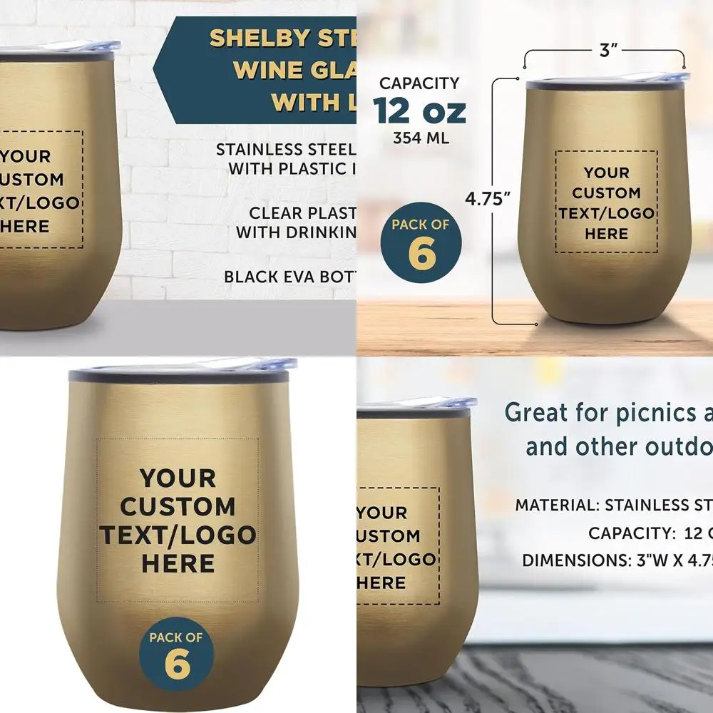 

Set of 6 Personalized 12 oz Stemless Wine Tumblers - Insulated for Hot & Cold Drinks, Gold Accents