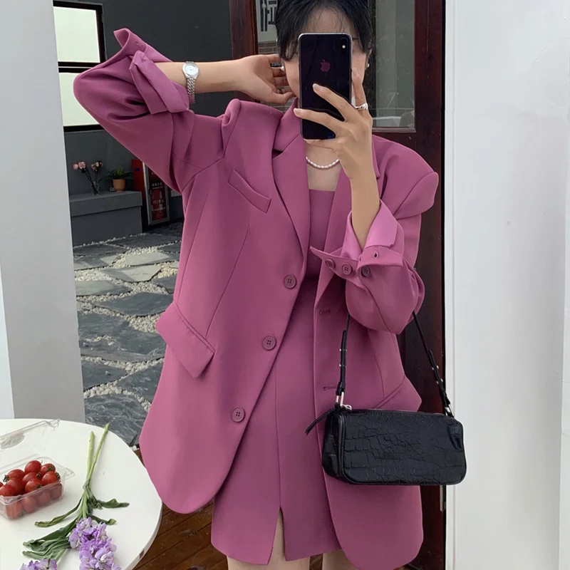 Grundlagen Blazer Mujer Frauen Neue Feste Taste Lose Koreanische Kerb Gerade Tasche Einreiher Casual Anzug Hosenträger Rock Anzug