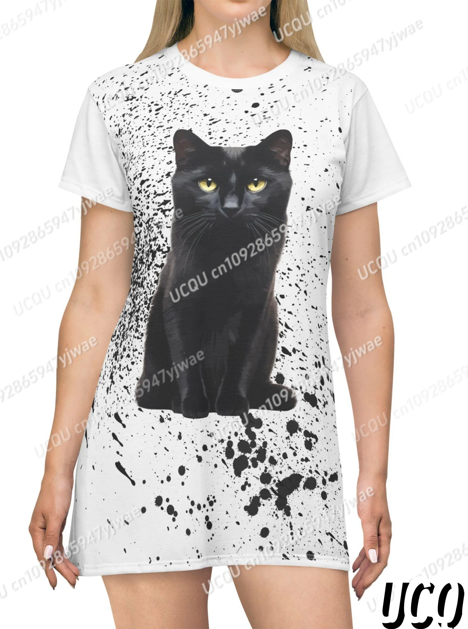 2025 Donne di Estate T-Shirt Vestito Allentato Casual Gatto Nero Stampa Stampato O-Collo Della Signora Manica Corta Pullover Abiti Abbigliamento Donna
