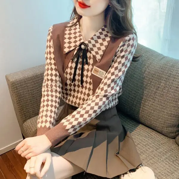 

Autumn and Winter Double -layer Doll Collar Grid Sweater Women's Clothing 2025 New Elegant Knitted Bottom Shirt Wild Top