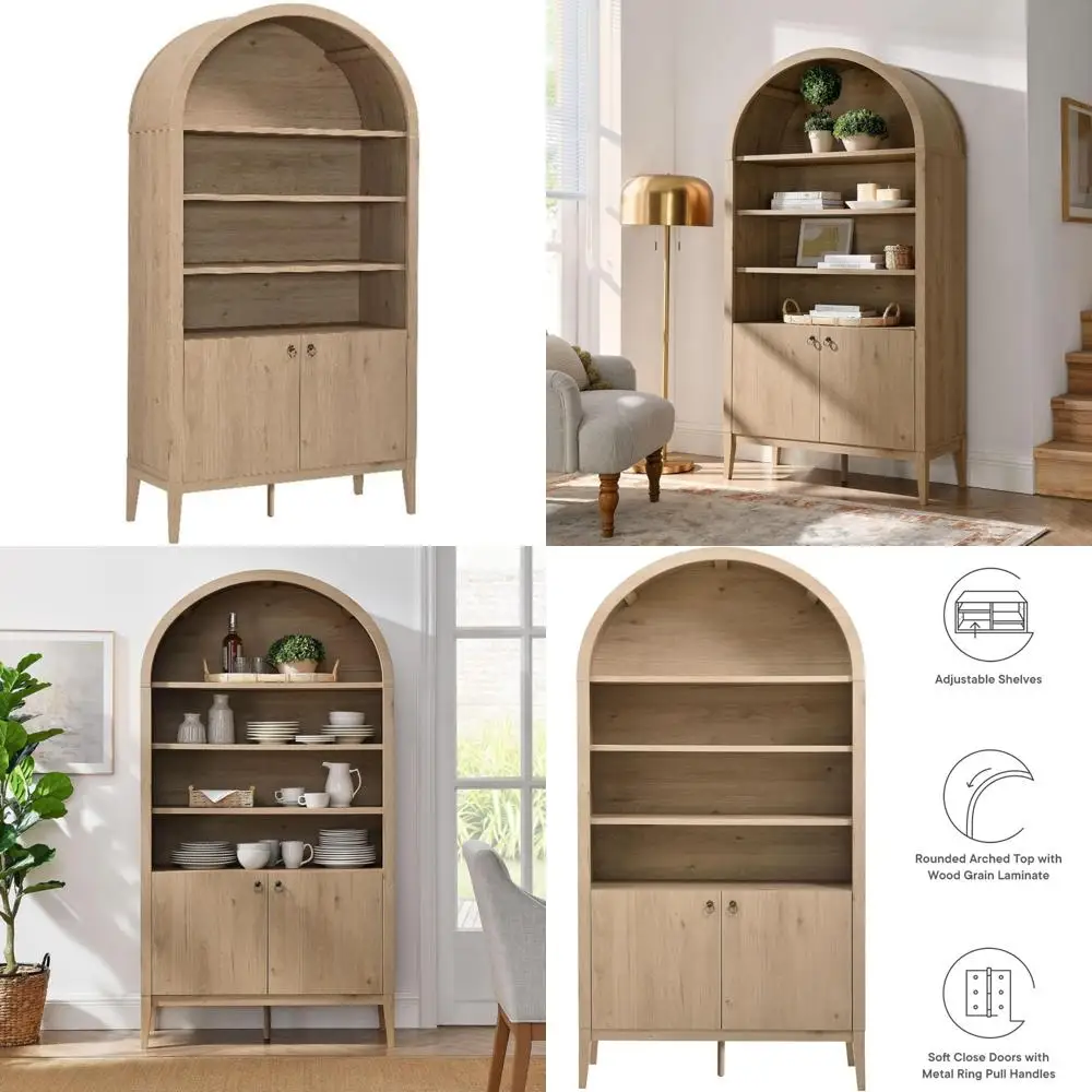 خزانة عرض تخزين من خشب البلوط الخفيف مقاس 74 بوصة مع رفوف مفتوحة ومغلقة، جمالية حديثة، تصميم رف الكتب #1