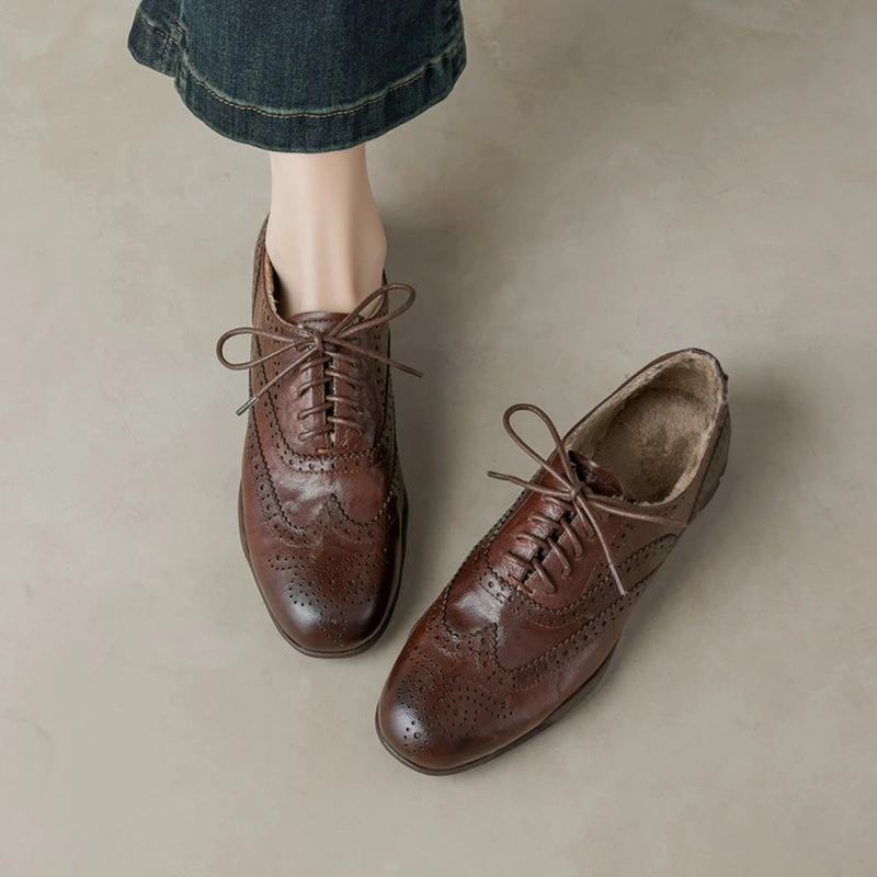 NEW Autumn/Winter Women Loafers Genuine Leather Shoes for Women Round Toe Chunky Heel Shoes Lace-up Women Pumps Brogue Shoes