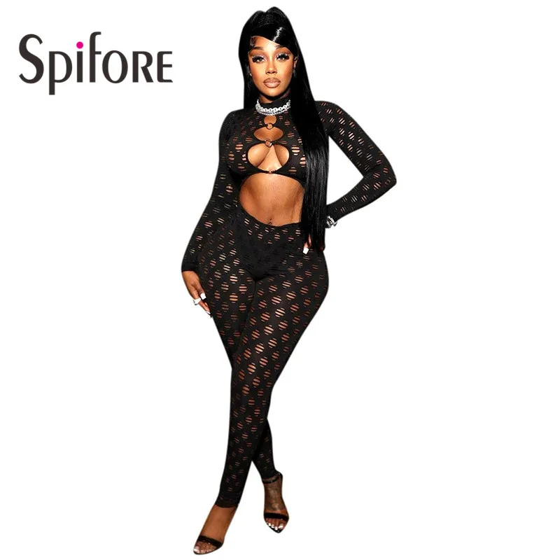 

Spifore New Fashion Hole Women Jumpsuits Black Long Sleeve Hollow Out Knitted Bodycon Rompers Sexy Party Clubwear Overalls