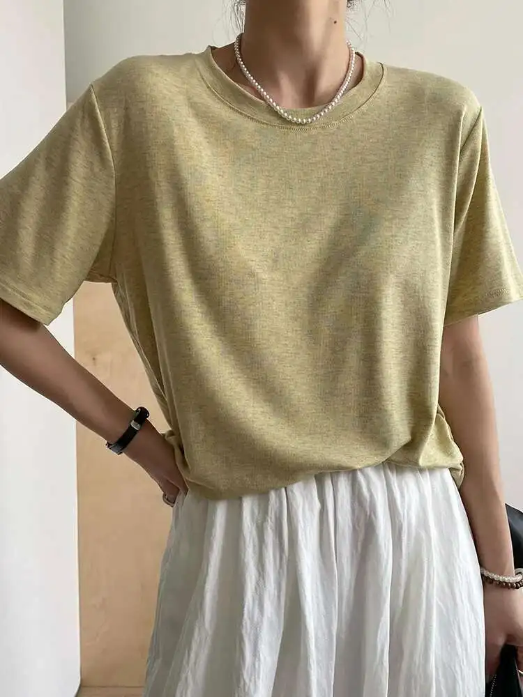 

Women Yellow White Brief Big Size Casual T-shirt New Round Neck Short Sleeve Fashion Tide Spring Summer