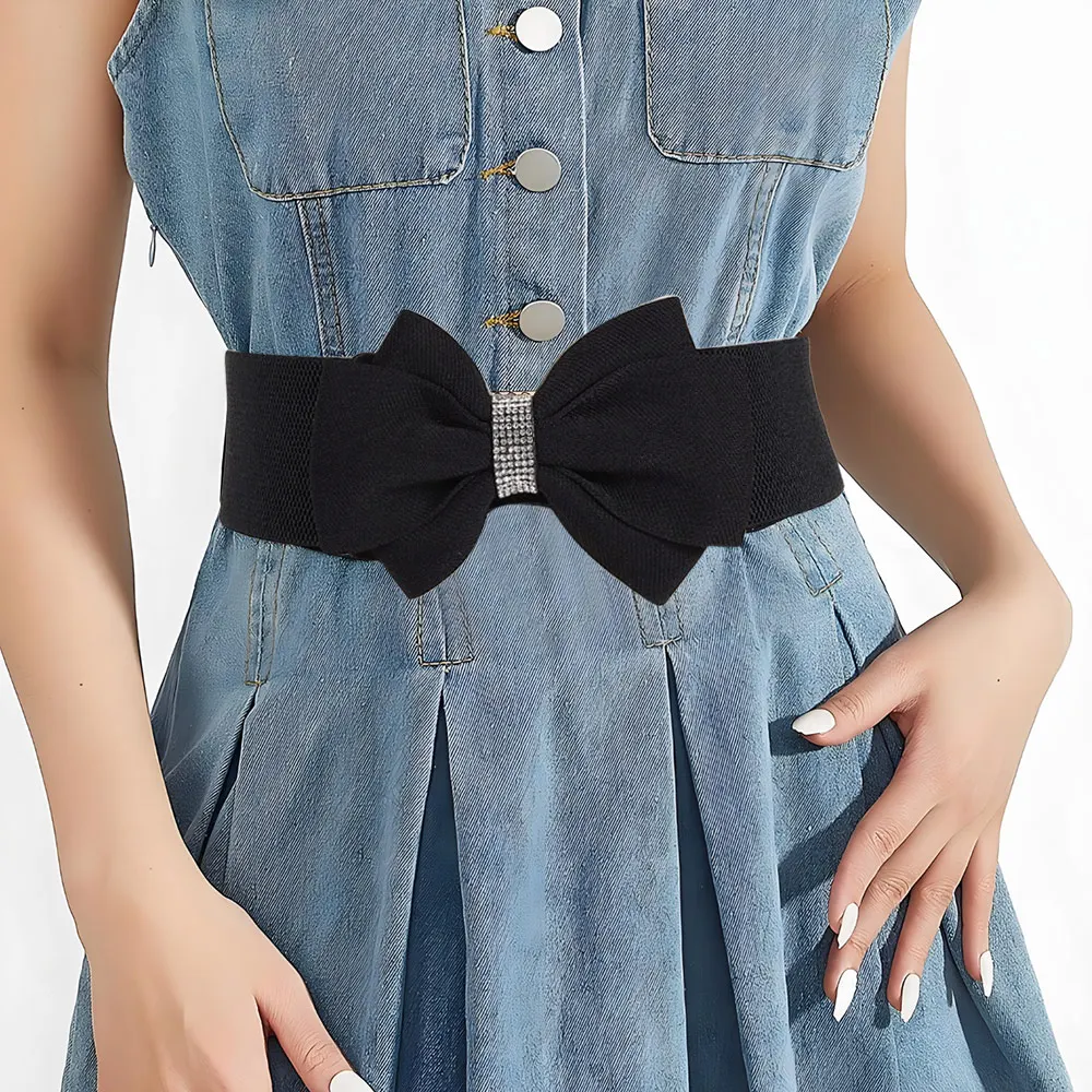 Adjustable Buckle Women's Elastic Wide Belt Plus Size Solid Color Elastic Bow Belt Rhinestone Stretch Belt