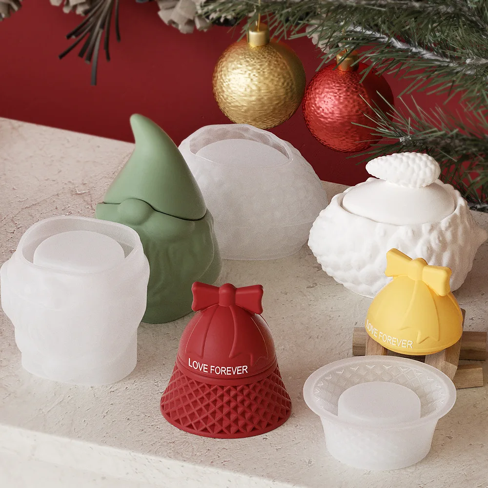 

Christmas Storage Box With Lid Silicone Mold Pinecone Santa Bow Bell Candle Jar Cement Mold Vessel Plaster Epoxy Resin Molds
