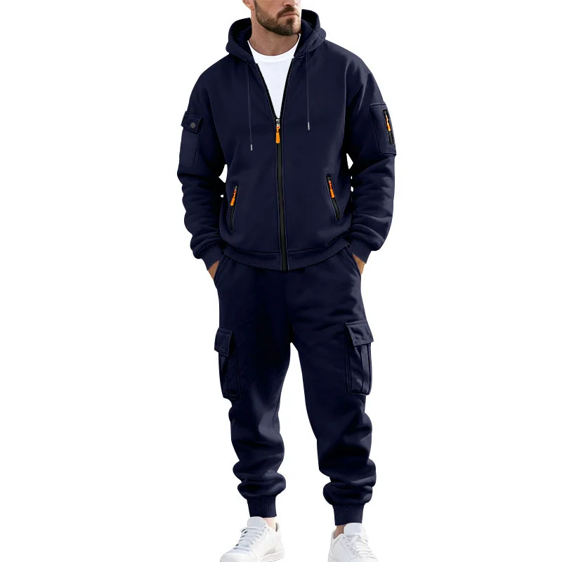 2026 autumn and winter men's tooling hooded sweater full open zipper velvet multi-pocket heavy sports suit