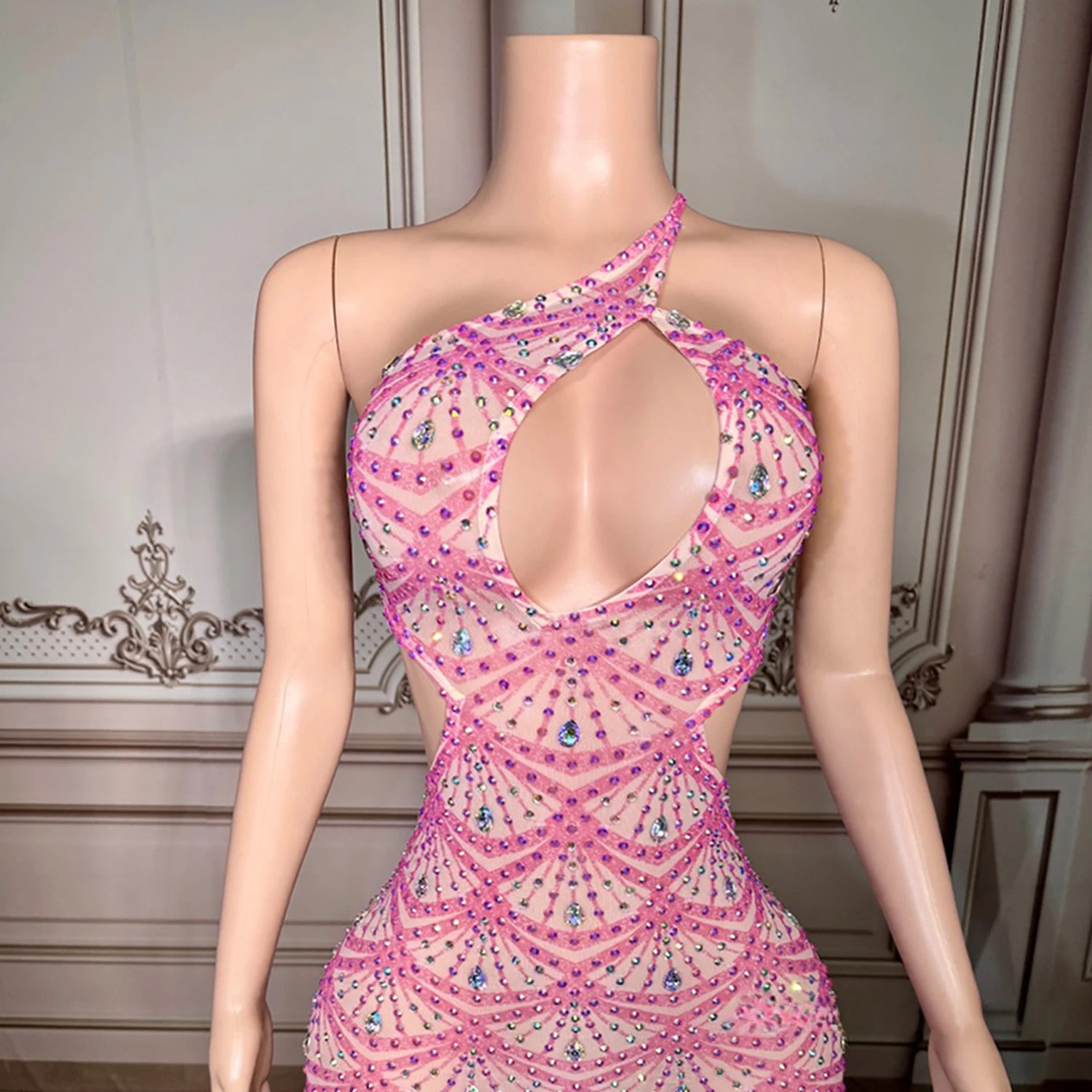 Abito estivo da donna sexy con stampa rosa AB diamanti ritagliati aderente mini celebrità da sera club party abito intero da spiaggia per le vacanze