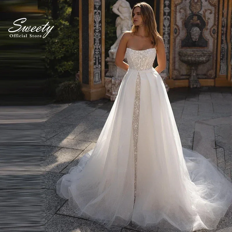 

Luxury Detachable 2 In 1 Wedding Dress Embroidered Lace With Mermaid Beading Ball Gown Boat Neck Full Sleeve Customized Lace Up