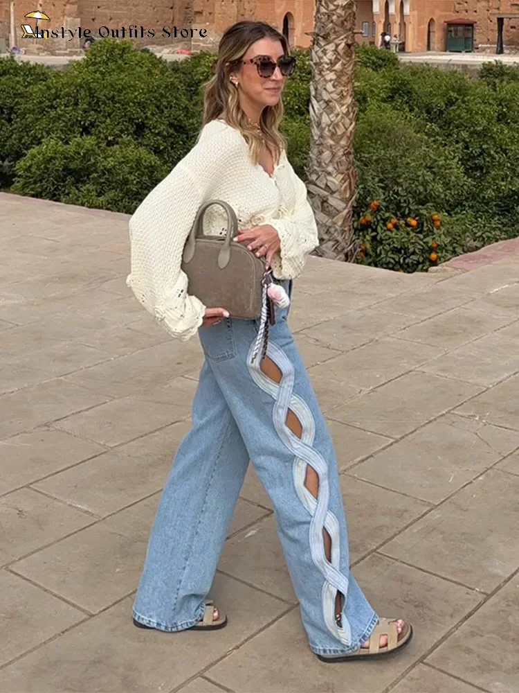 Fashion Side Hollow-out Denim Pants Women's High-waist Straight Long Trousers 2026 Spring Summer New Ladies Trendy Outwear