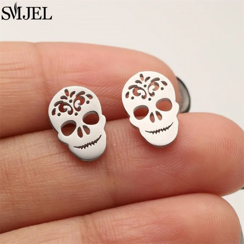 SMJEL Gothic Pirate Skull Earrings Punk Mexican Skull Anime Stud Earring Stainless Steel Skeleton Ear Jewelry Cool Girls Gift