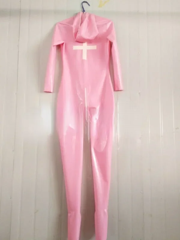 Latex Rubber Gummi Kostum Ganzanzug Catsuit Hood Pink Socks Anzug Size XS-XXL