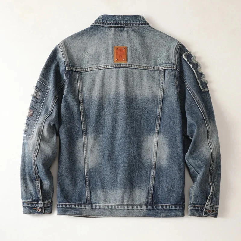 Fall new American retro men's denim jacket personalized hole embroidery splicing trend loose long-sleeved clothing