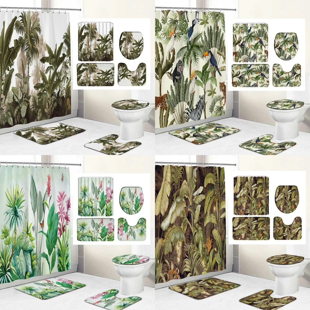 

Tropical Palm Trees Leaves Print Shower Curtain with Hooks High Quality Waterproof Bathroom Curtain Bath Mat Set Home Decoration