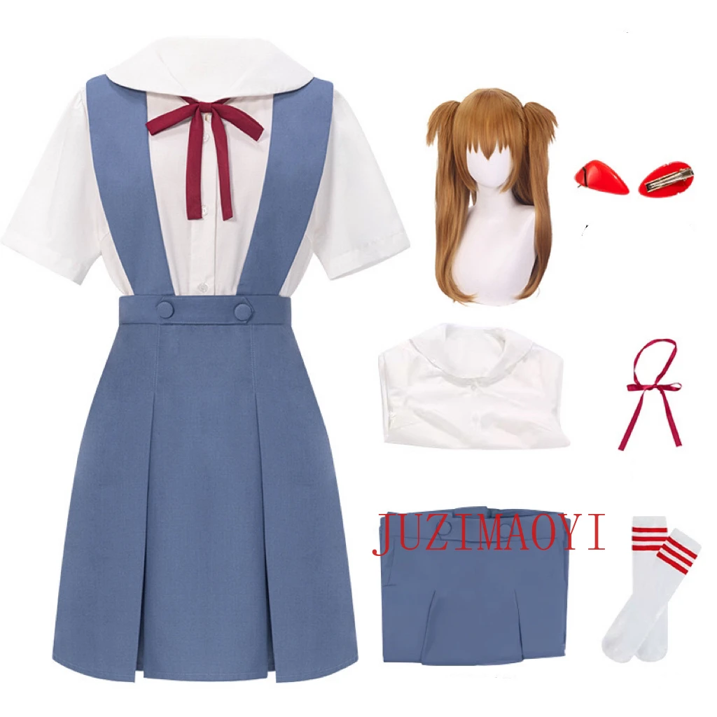 Rei Ayanami Cosplay Costume Asuka Langley Soryu Cosplay Girl Women School Uniform Dresses Wig Hair Clips Halloween Loli Clothing