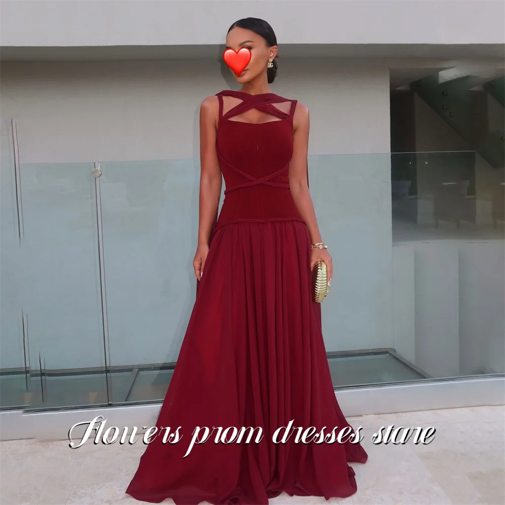

Flowers Burgundy Party Dresses with Crisscross Bodice Evening Dresses Sleeveless Chiffon فساتين السهرة Customized