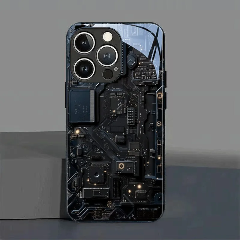 أسود بارد لوحة دوائر كهربائية نمط الزجاج قضية الهاتف آيفون 17 برو ماكس 16 15 14 13 12 11 برو 16E 17Air 7 8 زائد XR XS X غطاء