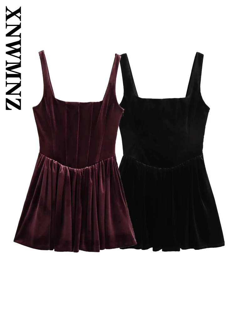 XNWMNZ 2024 Autumn New Female Fashion Square Collar Mini Skirt Top Elegant Lady Sleeveless Slip dress Regular Fit Velvet Dresses