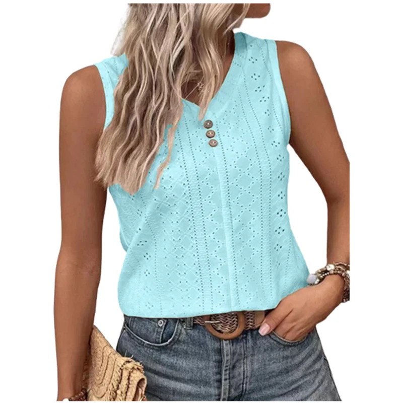 2023 Women Blouses Summer Sexy Tank Hollow V-Neck Button Loose Shirts Elegant Sweet Casual Sleeveless Solid Color Oversized Tops