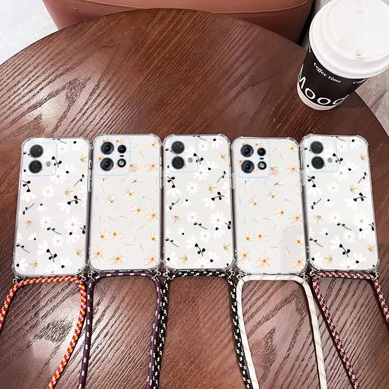 Edge 40Neo Fresh Flower Transparent Crossbody Lanyard Phone Case For Motorola Moto Edge 40 50 30 30Neo E13 E20 E30 E7 E6S Cover