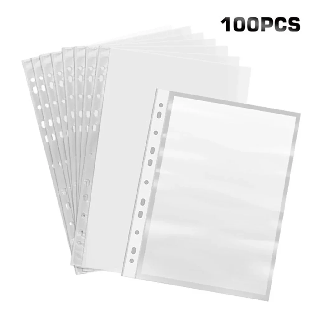 

100Pcs Multipurpose 11-Hole Loose Leaf Clear PVC Documents Files Protective Case A4 Paper Sheet Size Office Accessories