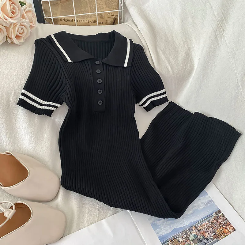 Lapel Knitted Dress Elastic Slim Soft Mini Dresses 2021 Solid Color Casual Simple Girl College Style Sweet  Bottoming Base Dress