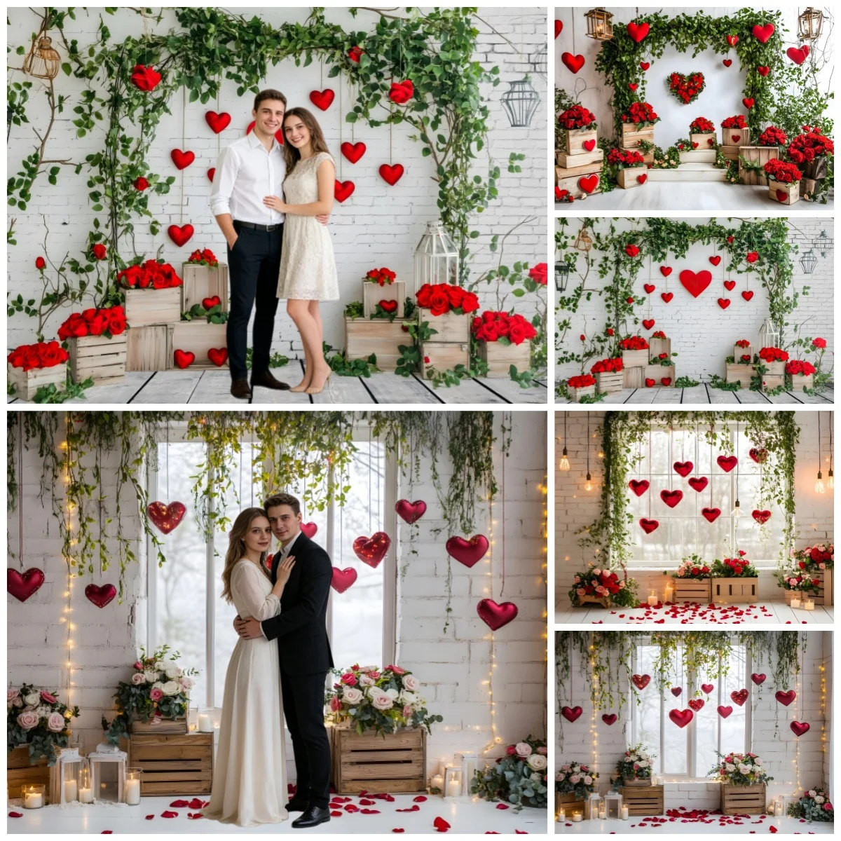 

14 февраля, украшение на день Святого Валентина, фон с белой кирпичной стеной, зеленые листья, красная роза, предложение C, фон для фототехники