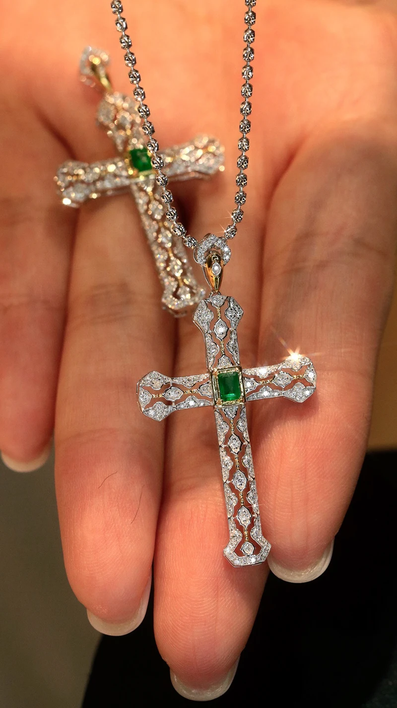 Kugg 100% 18k branco + pingente de ouro amarelo feminino vintage estilo cruz luxo diamante natural esmeralda pedra preciosa colar pingente