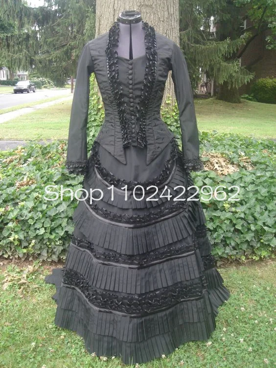 Black Gothic Ball Gown Wedding Dresses Lace Stain Ruched Ruffles Long Sleeve Bustle Victorian History Bridal Gown customsized