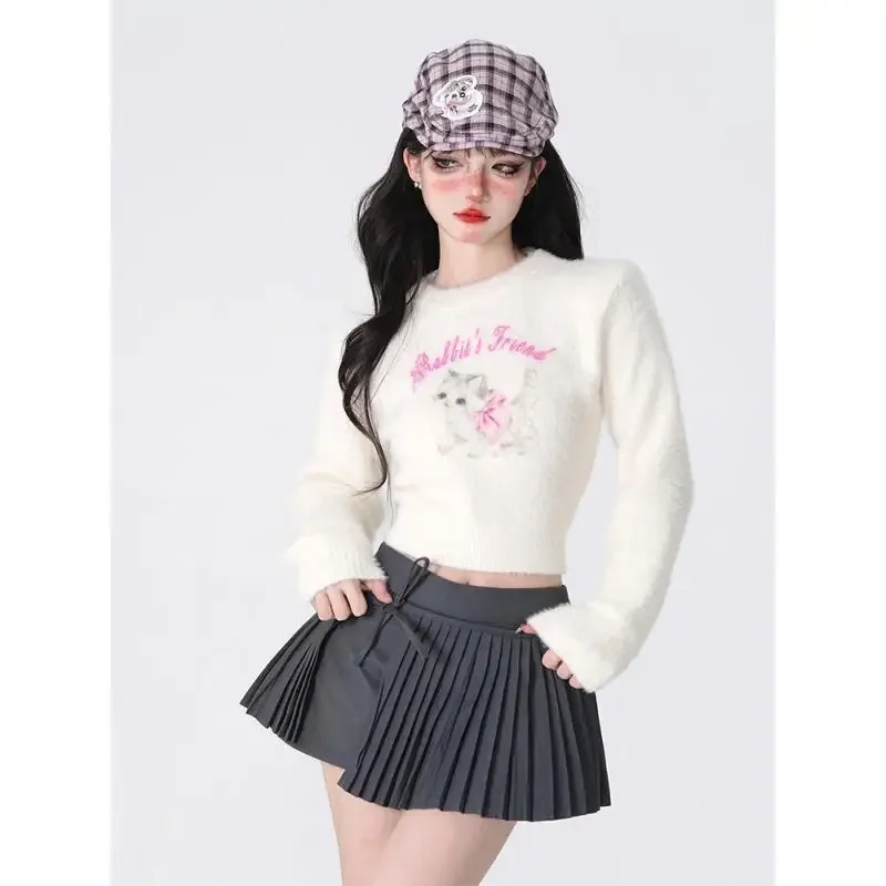 New College Style Harajuku White O Neck Sweater Women Autumn Winter Korean Fashion Long-sleeved O-neck Pullovers Cute Top Female