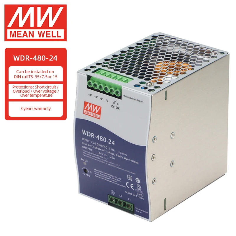 

Mean Well WDR-480-24 DC 480W 24V High Efficiency 93% and Low Power Dissipation Din Rail Power Supply