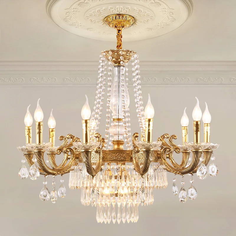 

Luxury European Style Indoor Wedding Decor Crystal Copper Pendant Light French Living Room Dining Brass Led Chandelier