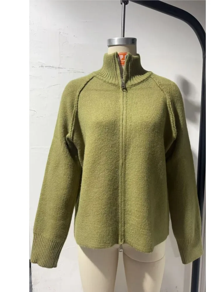 Women's Clothing Sweater Jacket Solid Color Stand Collar Zipper Knitted Cardigan Top Loose Simple Style All-match Temperament