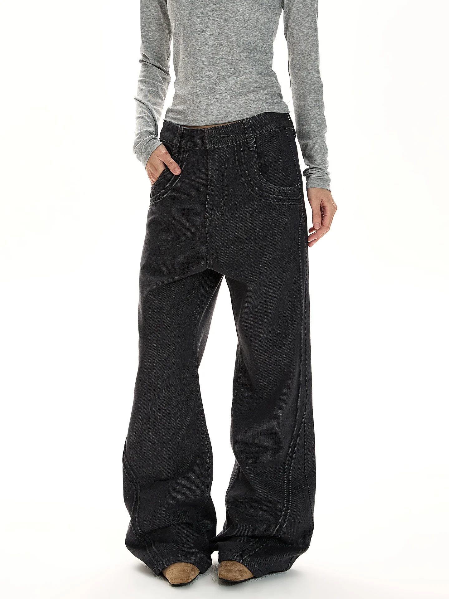 

American Retro Vibe Distred Jeans Commute Wear Universal Straight Leg Floor-Length Trousers Zipper Decoration Polyester Co...