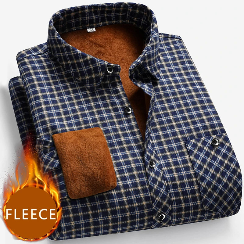 Mens Fleece Lined Shirt Regular Fit Autumn Winter Casual Plaid Shirts for Men Checkered Workwear